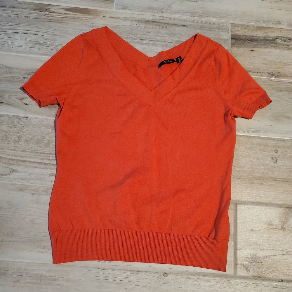 Carlisle Red Silk Blend Sweater Medium V Neck Short Sleeve Knit Pullover Top
